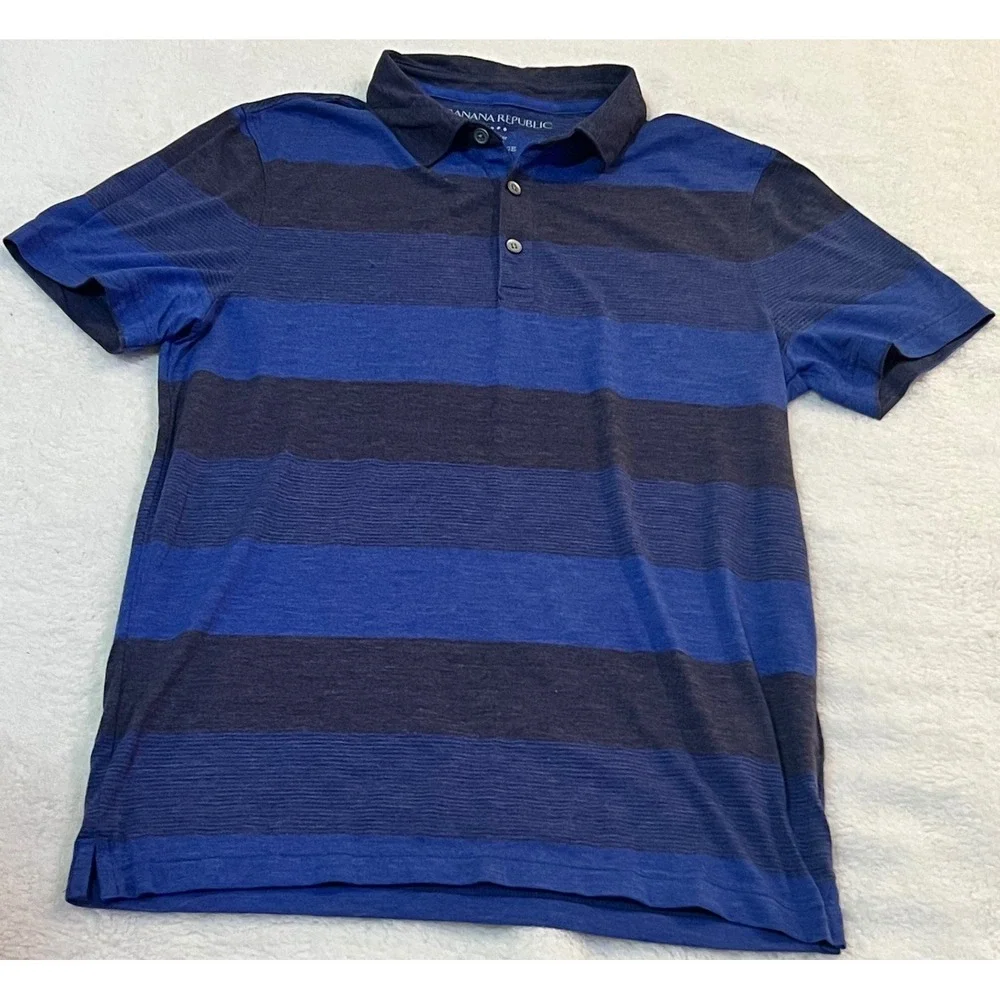 Banana Republic Vintage Mens Blue Striped Short Sleeve Polo Shirt Medium